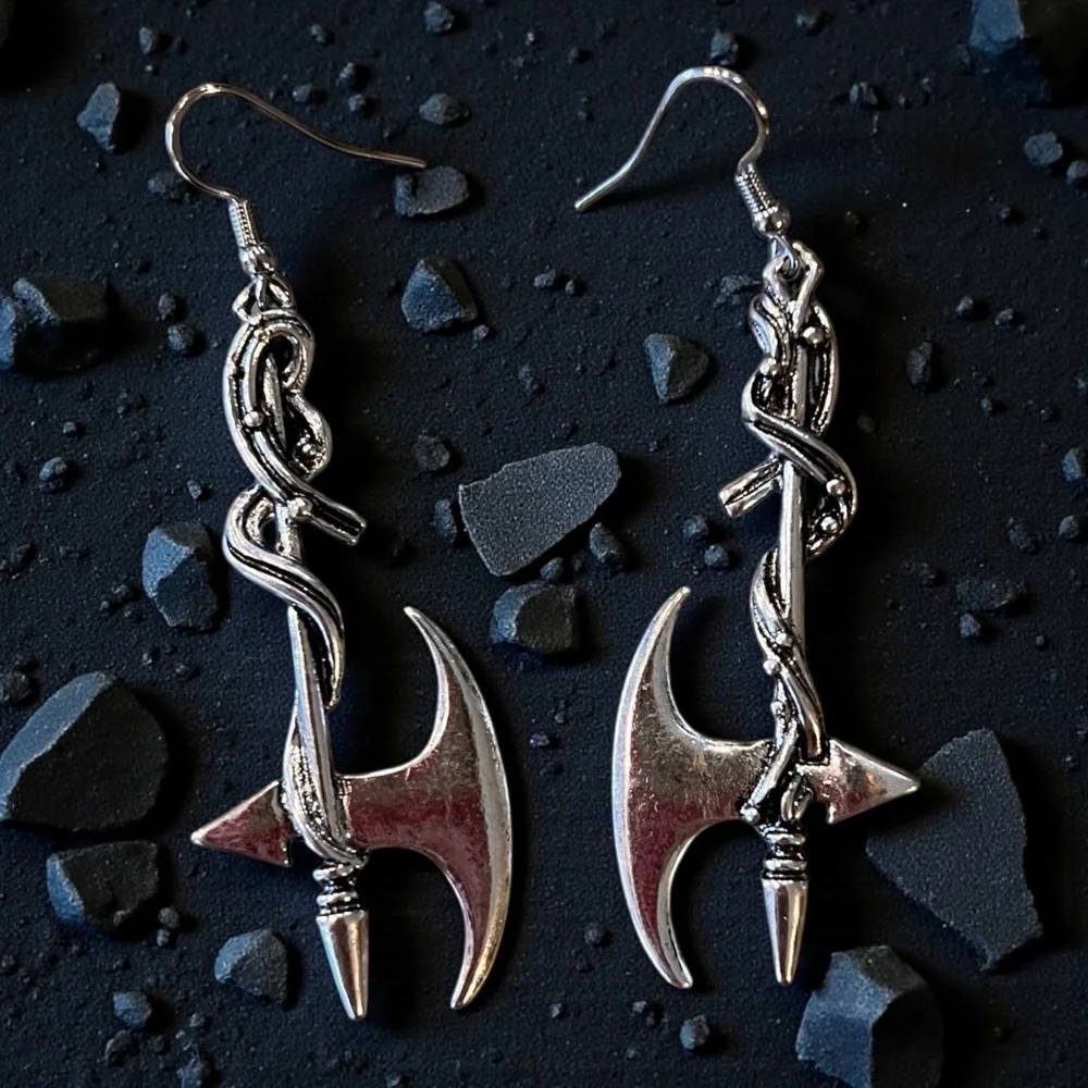 Silver Toned Battle Axe Earrings